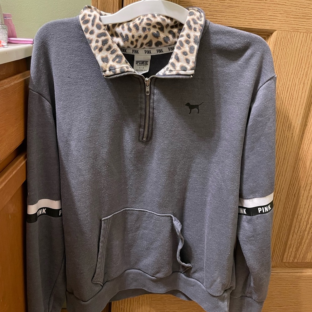 3/$15 PINK VS Gray Quarter-Zip Sweatshirt with Leopard Collar